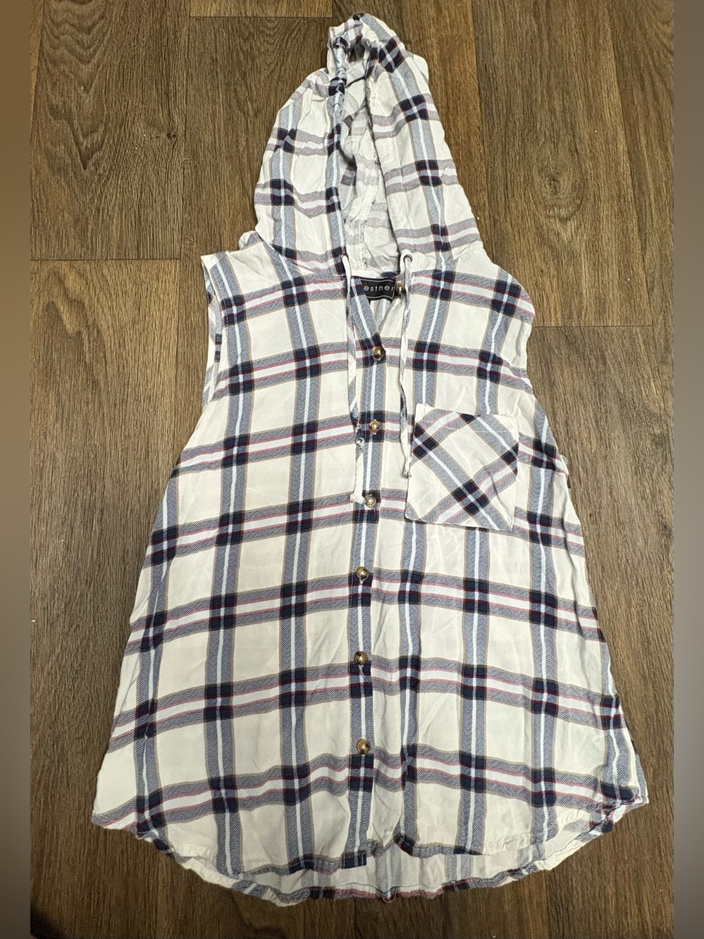 Polly&Esther Women's Sleeveless Button Down Plaid Shirt with drawstring hoodie L
